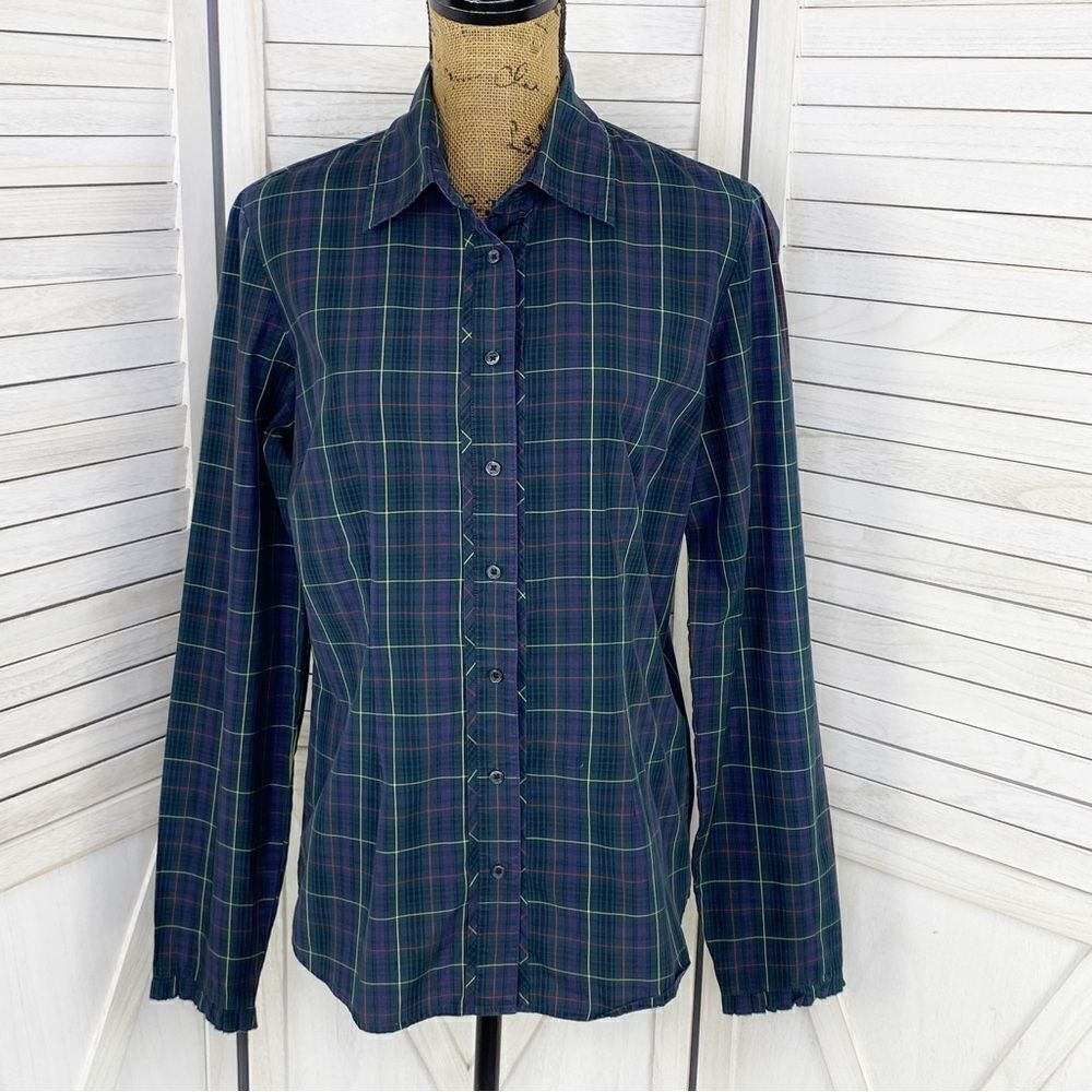 Tommy Hilfiger Plaid Ruffle Cuff Trim Button Front Shirt Green Navy Medium